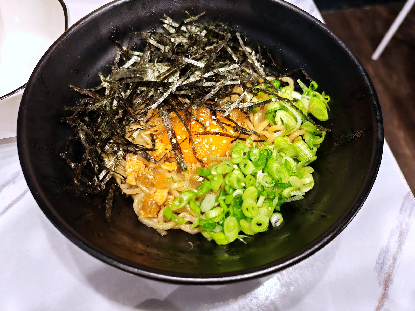 Savory noodles, fresh egg yolk.